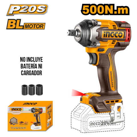 Llave de Impacto 500Nm 20V Kit con 2 Baterías, Cargador y Accesorios